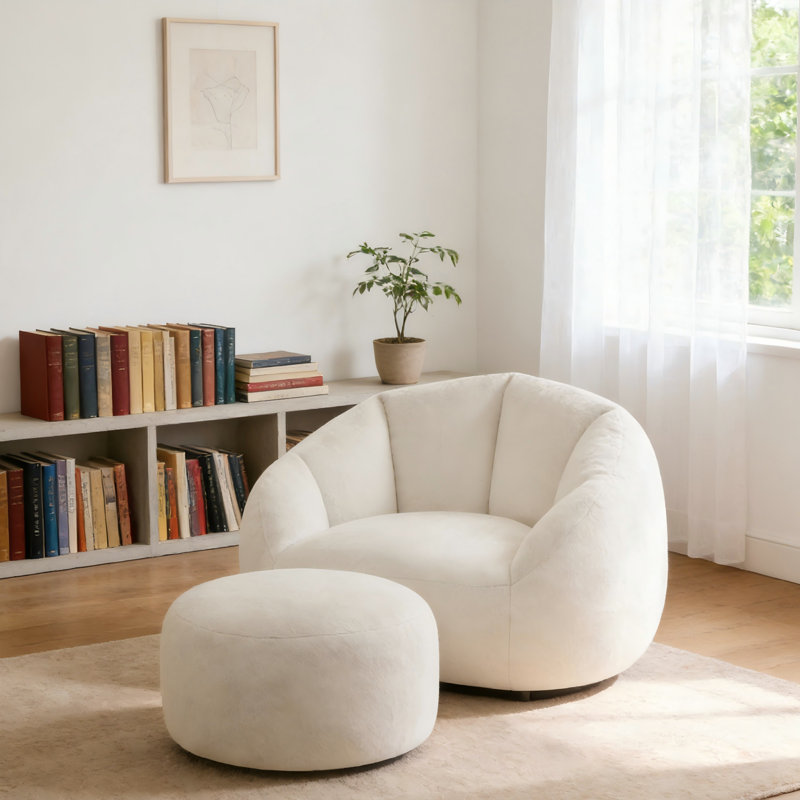 Fauteuil à billes surdimensionné en microfibre moelleuse avec repose-pieds, Beige