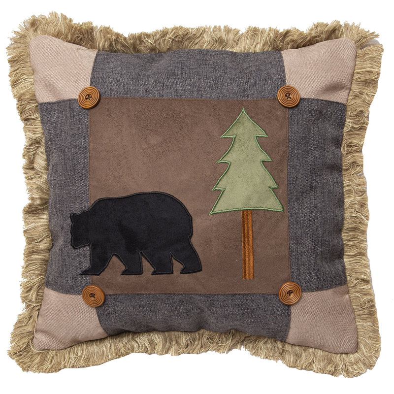 Rustic Plaid Wool Blend Square Throw Pillow with Bear and Tree