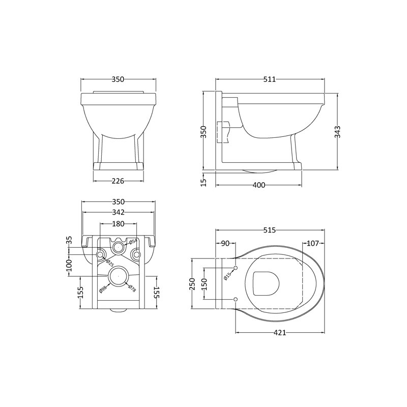 Nuie Richmond 0L LPF Round Wall Mounted Wall Hung Toilets (Seat Not Included)