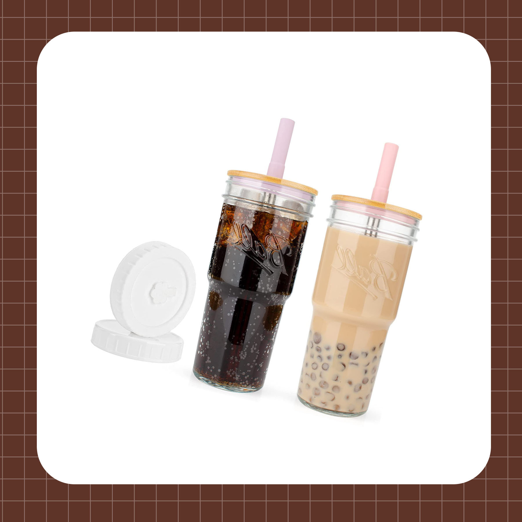 24oz Straw Cup with Wooden Lid Reusable Bubble Tea Glass Cup with Straw for  Smoothie Boba