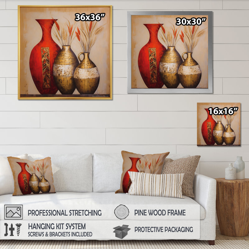 Nature morte vase rouge or avec fleurs de blé, Toile tendue, H 36 po x l 36 po x P 1,5 po