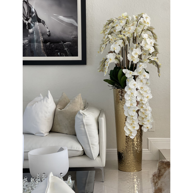 Cascading White Phalaenopsis Orchids In Tapered Hammered Cone Planter, Gold
