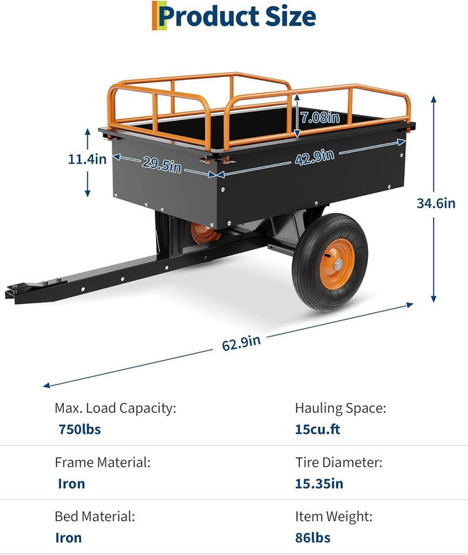Remorque utilitaire et VTT 750 lb - Chariot à benne de jardin en acier de 15 pieds cubes, côtés amovibles, Orange