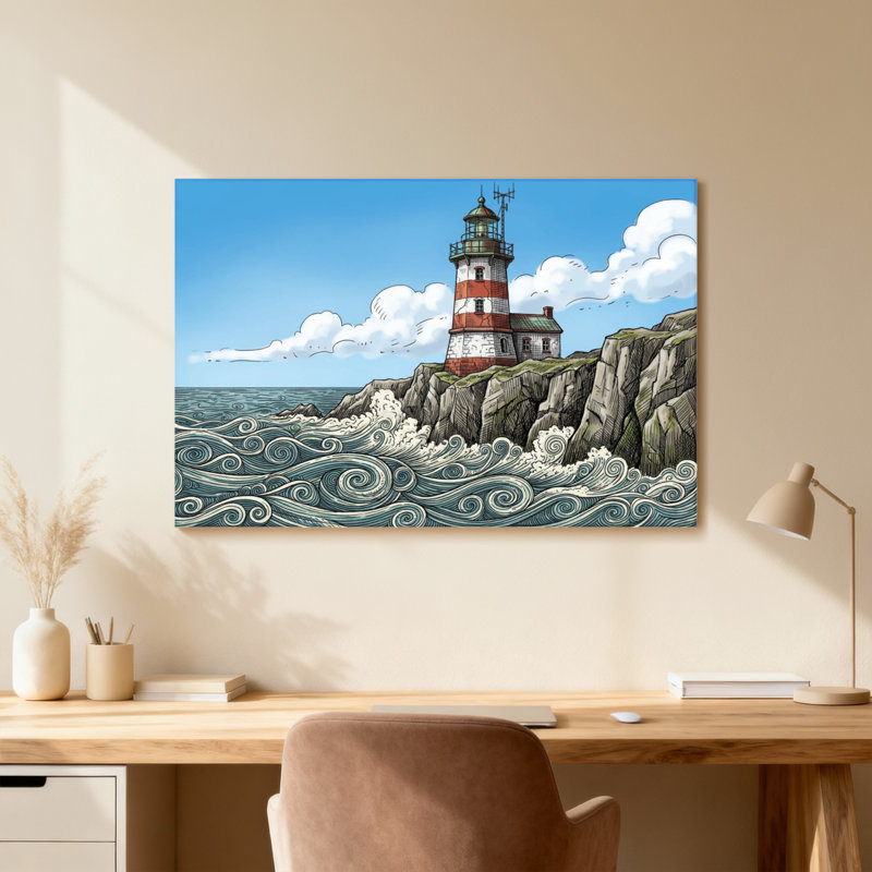 Phare sur la côte rocheuse avec des vagues, H 20 po x l 30 po, Cadre photo unique, Grain de bois clair