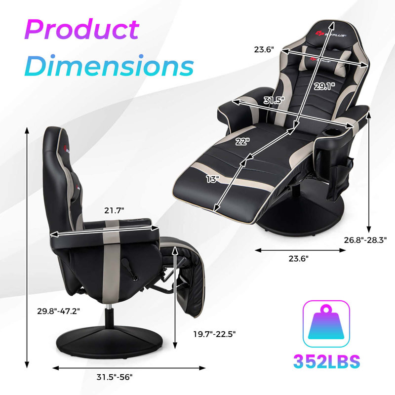 Goplus Massage Gaming Recliner Height Adjustable Racing Swivel Chair With Cup Holder, Gray