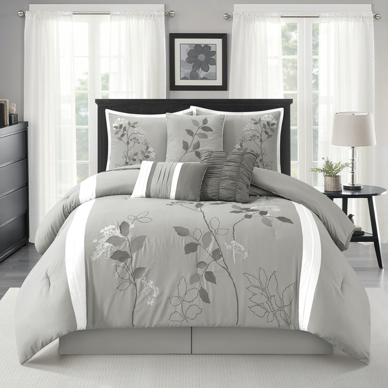 Ensemble d'édredon floral 7 pièces Anissa, Édredon de très grande taille et 6 pièces suppl, Grey