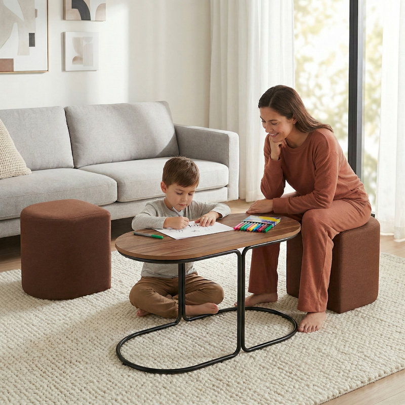 Mira 30.7" Modern Oval Wooden Multifunction Coffee Table with 2 Hidden Stools