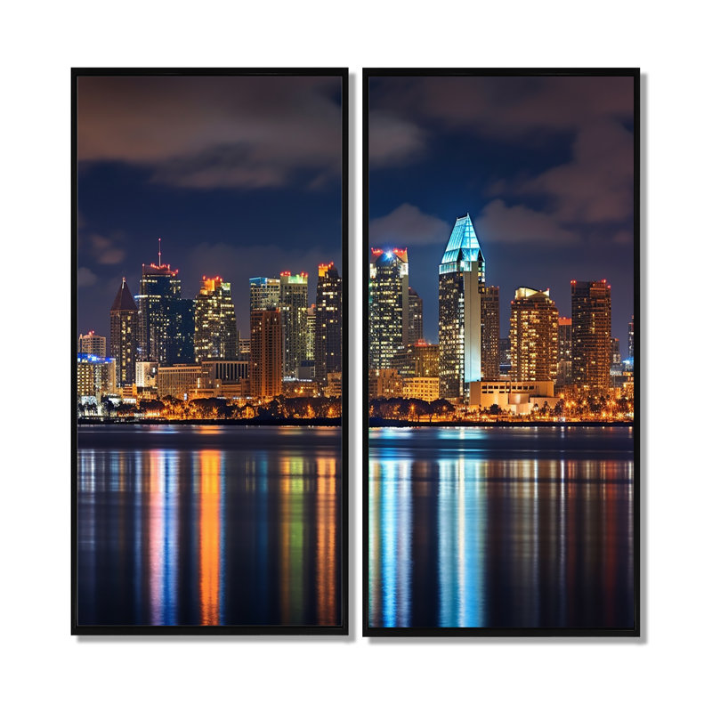 «Montreal Skyline At Night» - art mural traditionnel 2 panneaux, 40" H x 40" W, Impression encadrée flottante, Black