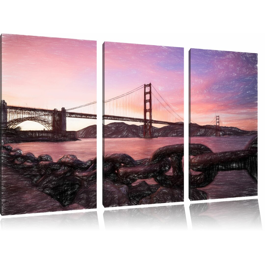 3-tlg. Leinwandbilder-Set „Golden Gate Bridge im Sonnenuntergang“, Grafikdruck