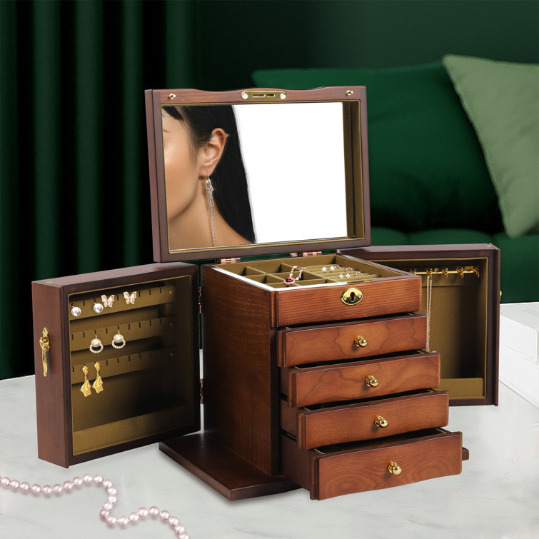 Large Wooden Jewellery Box Armoire Earrling Bracelet Organizer 6 Layers  Mirror (WHITE)