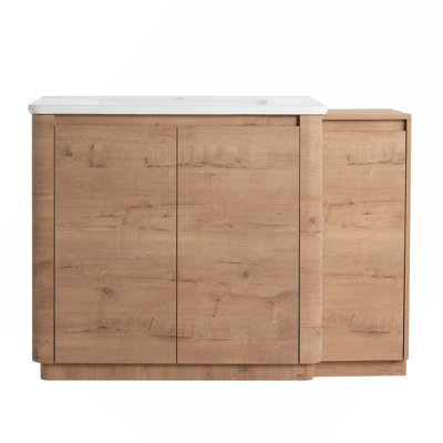 Meuble-lavabo autoportant 48 po avec lavabo en céramique blanche et 1 petite armoire de rangement, porte à fermeture en douceur, chêne imitation, contreplaqué