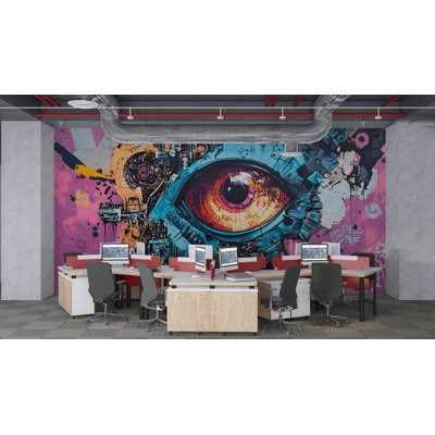 Papier peint mécanique œil de graffiti - art urbain Cyberpunk urbain, œil de robot industriel, conception audacieuse de science-fiction futuriste avec peinture en aérosol