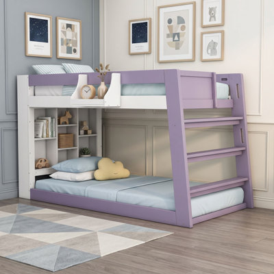 Wooden Twin Over Twin XL Bunk Bed with Shelves and Slats