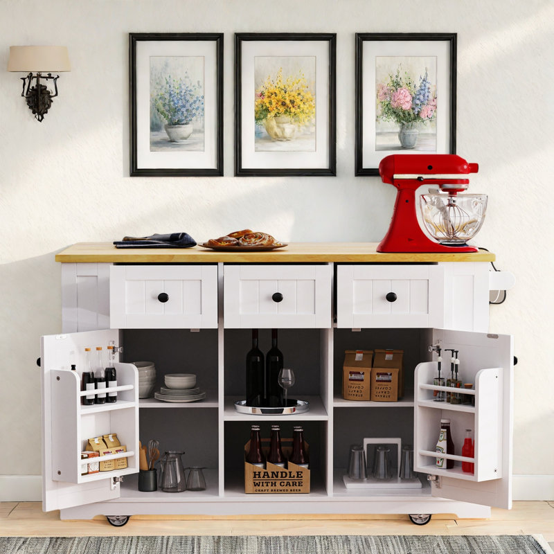 Chariot de cuisine avec plateau en bois manufacturé Braidon, Blanc