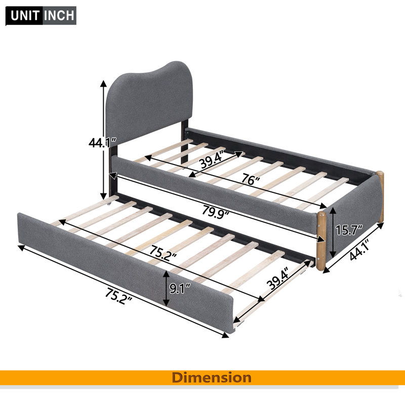 Lit plateforme en tissu d'ameublement,  Gris, Lit simple