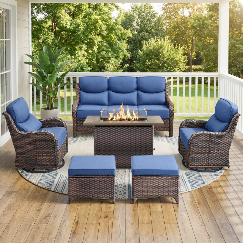 Ensemble de conversation de patio en osier 6 pièces avec table de foyer et chaises pivotantes avec coussins de luxe de 6 pouces
