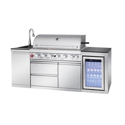 Îlot de cuisine extérieur 82,5 pouces 6 brûleurs Barbecue au propane 83500 BTU Acier inoxydable 304 couleur argent avec CSA, certification ETL + évier + réfrigérateur