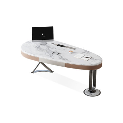 Khaki + Beige-white + Gray Oval Sintered Stone + Manufactured Wood + Cold Rolled Steel with 1 drawers desk