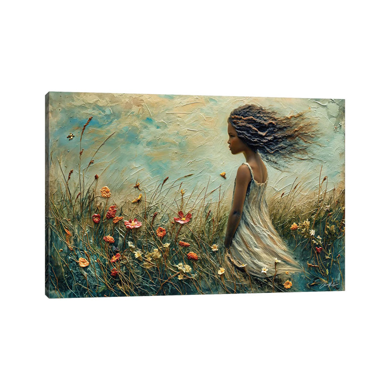 Jeune fille avec le vent dans les cheveux - reproduction d'art murale encadrée, H 12 po x l 18 po, Toile tendue