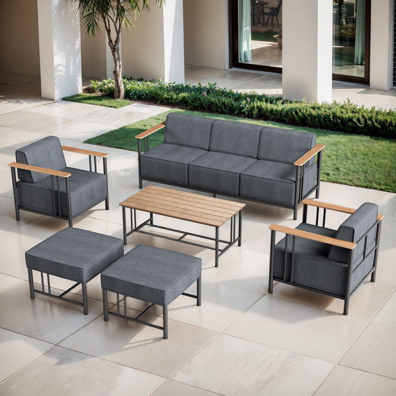 Coan 6-Pieces Outdoor Patio Modern Metal Sofa Conversation Set With Coffee Table, Black Cushion/Black Frame
