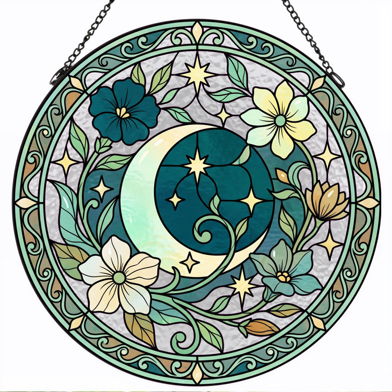 Vitrail de lune vitrail floral - 7,8H, H 7,8 po
