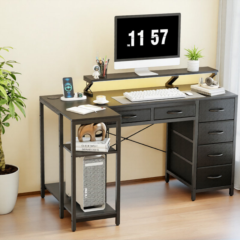 Bureau d'ordinateur en L avec lumières à DEL intégrées et tiroirs multi-rangements, Noir