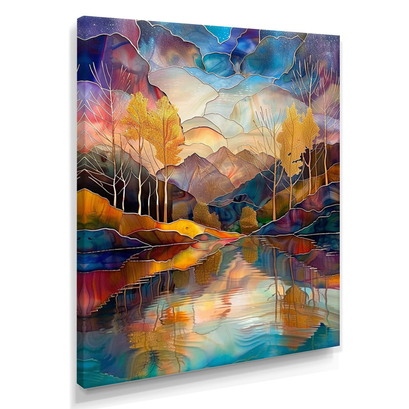Serene Autumn Forest River - paysage abstrait, art mural, Toile tendue, H 32 po x l 16 po
