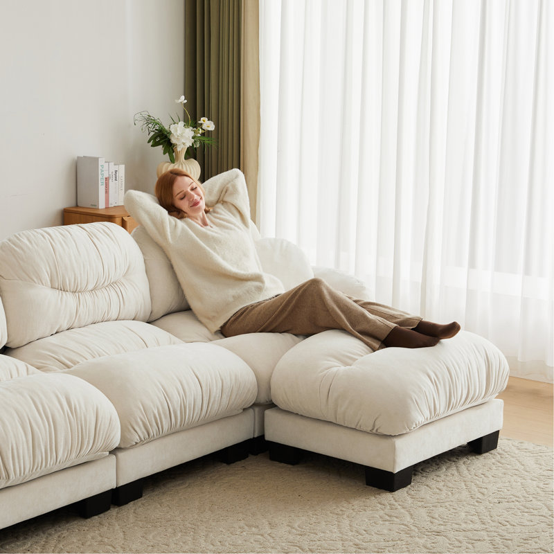 Canapé modulaire confortable à 4 places en tissu de chenille plissé avec siège ergonomique en mousse haute densité, canapé modulaire en forme de U avec 2 repose-pieds, accoudoirs arrondis arrondis et 2 coussins décoratifs ronds