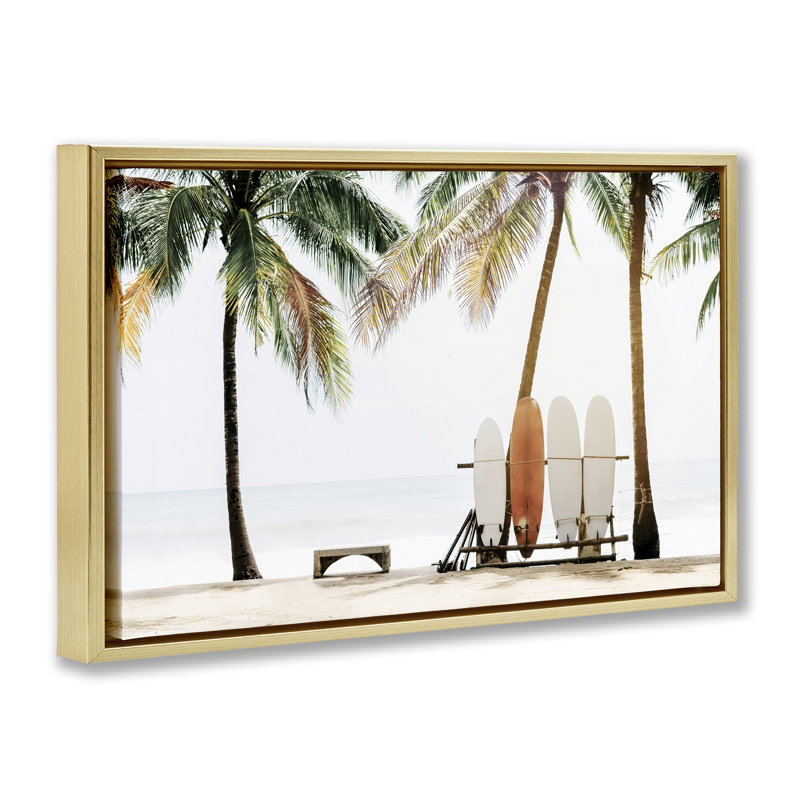 Toile flottante encadrée noire "Hawaii Surfing View" par Sissi et Seb, Cadre flottant métallique doré, H 17 po x l 25 po