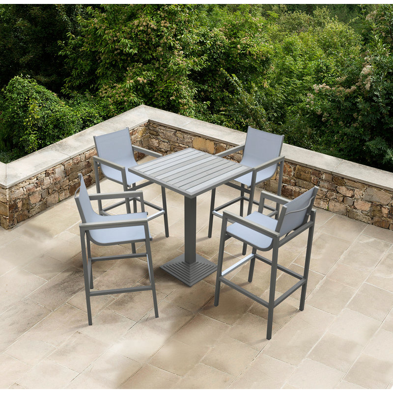 Aloys Outdoor Barstool in Gray Powder Coated Finish with Gray Sling PVC-coated polyester and Wood Accent Arms
