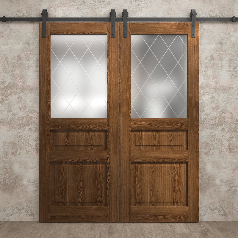 Porte de grange double moderne | Ego 5011 | Ensemble de rail | Portes intérieures solides, Chêne cognac, 64 po x 84 po