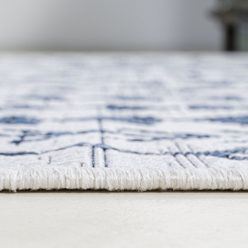 Allain Bohemian Geometric Ivory/Blue Indoor/Outdoor Rug, Rectangle 7'9" x 10'