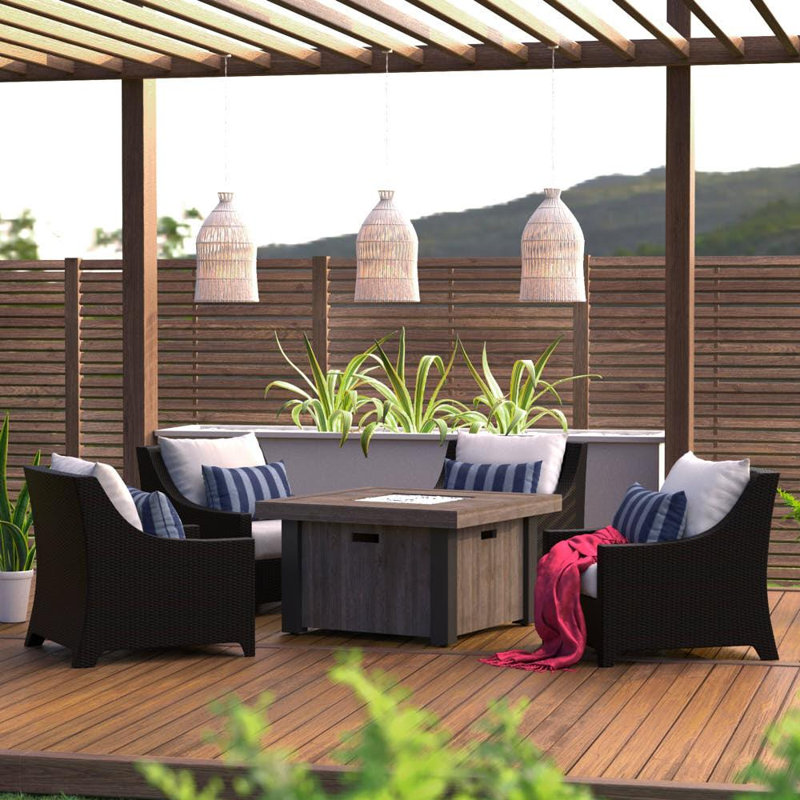 Deco 5 Piece Fire Pit Set with Cushions, Centered Ink Stripe Sunbrella®