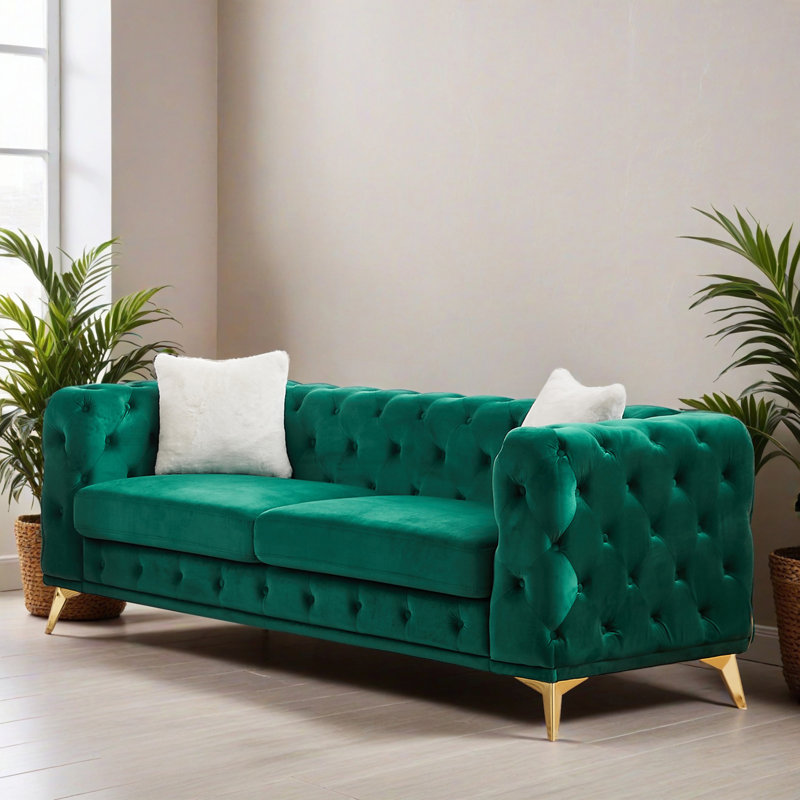Canapé Chesterfield de style moderne l 82,51 po à 3 places et accoudoirs carrés, Vert