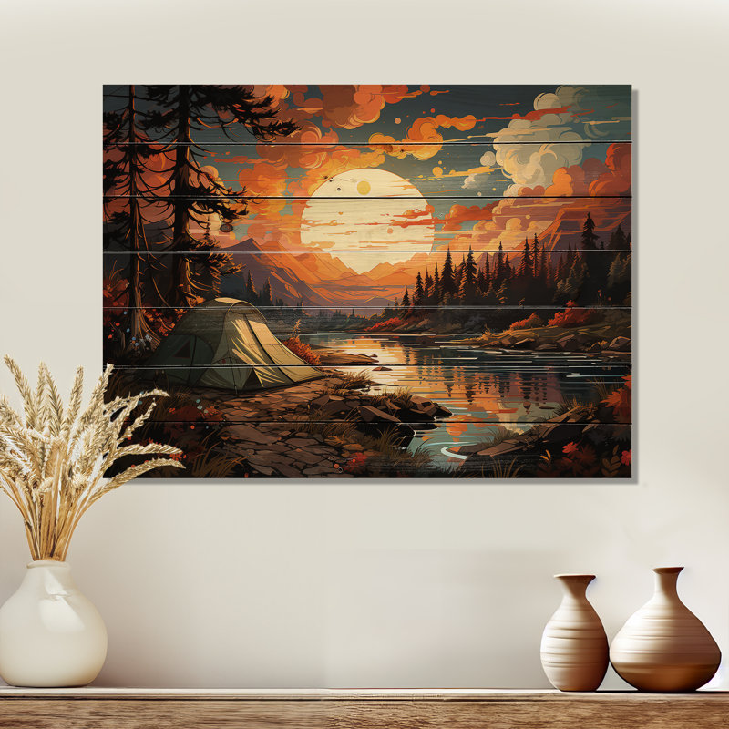 Camping By The River Scenery I - Camping Travel Wood Wall Art On Natural Pine Wood, 24" H x 32" W