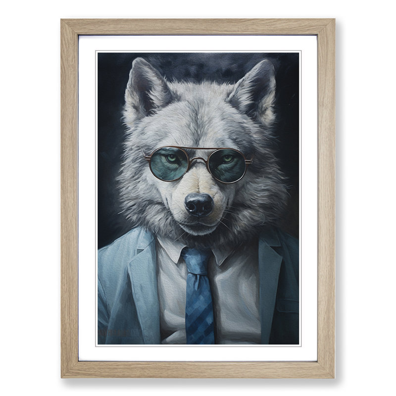 XYZ-FRM-V1223-1706 Wolf With Glasses Painting No.3 - Single Picture Frame Print on Wood, Oak , 46cm H x 34cm W x 2cm D