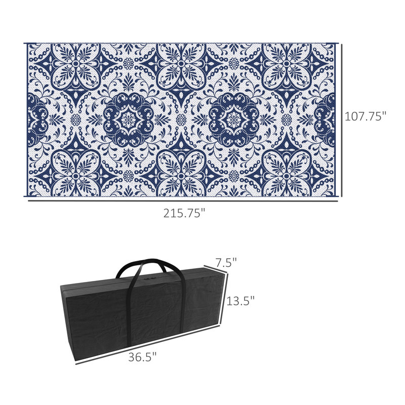 Tapis d'extérieur réversible, 9 pi x 18 pi, tapis en paille de polypropylène imperméable, motif floral bleu et blanc, avec sac de transport pour camping, pique-nique, plage, cour arrière, terrasse portative