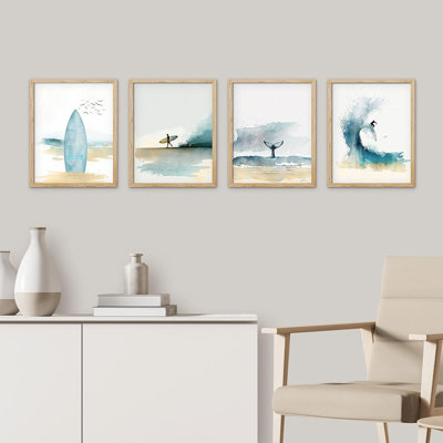 " Pastel Surfboard Ocean Wave Beach Whale Fin Wall Art Set Of 4 Illustration Prints Contemporary " 4 - Pieces