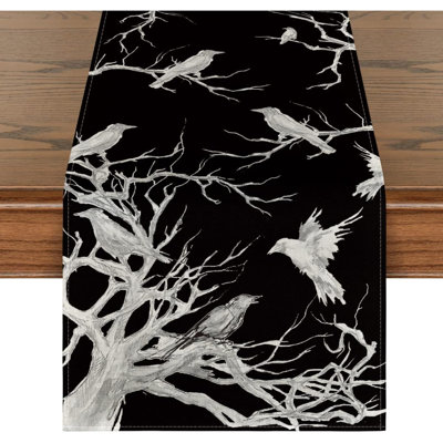 Silhouette Tree Crows Halloween Table Runner, Branches Fall Kitchen Dining Table Decoration For Outdoor Home Party
