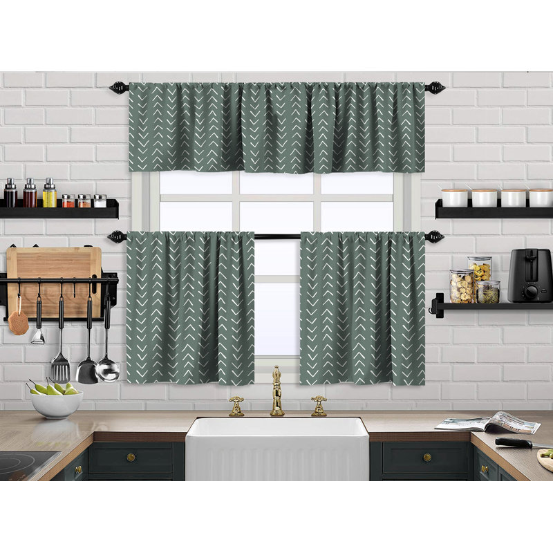 Boho Design Kitchen Valance And 2 Tiers Curtain,African Mud,Window Valance Treatments,Decorative, 24" W x 36" L, Dark Mint