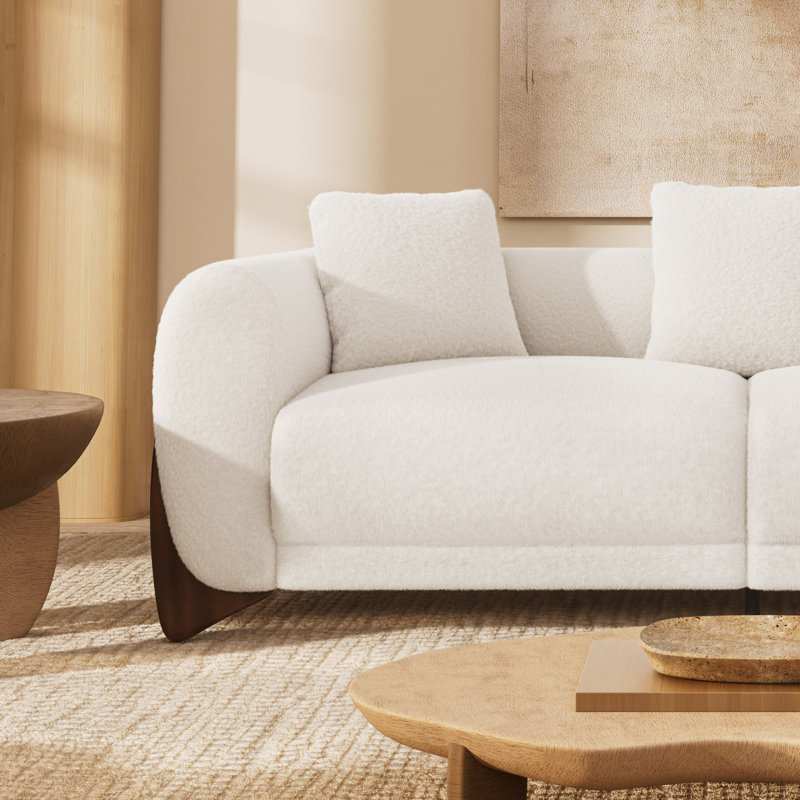Modern Sherpa Sofa with Wood Wedge Legs, White