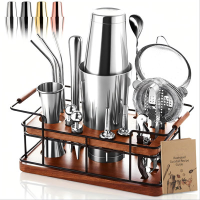 Ensemble de barman - Ensemble shaker à cocktail en acier inoxydable de 23 pièces avec plateau en acajou africain de qualité supérieure | Outils de bar Martini pour le barman domestique | Ensemble-cadeau