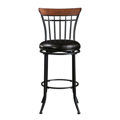 Ramiro 360 Rotating Pub Chair, Black Metal, Brown Faux Leather Upholstery, 250Lbs Weight Capacity, Dining Room Decoration Swivel Height Furniture Metal Frame, Seat,