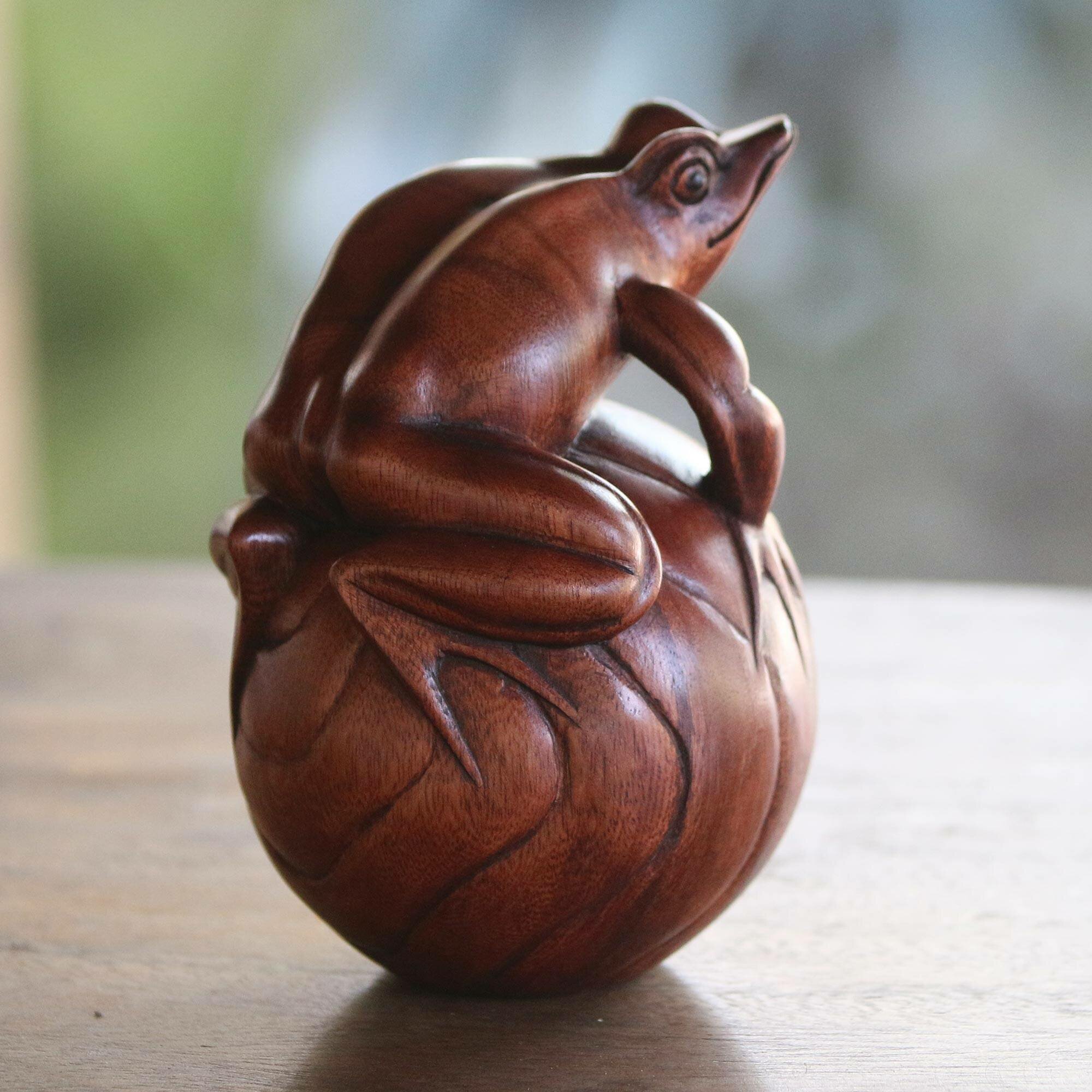 Hand Carved Suar Wood Frog Sculpture, 'Relaxing Frog