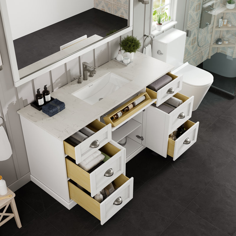 Didomenico 60"W X 22"D Bathroom Vanity With White Carrara Quartz Countertop And Undermount Porcelain Sink, White