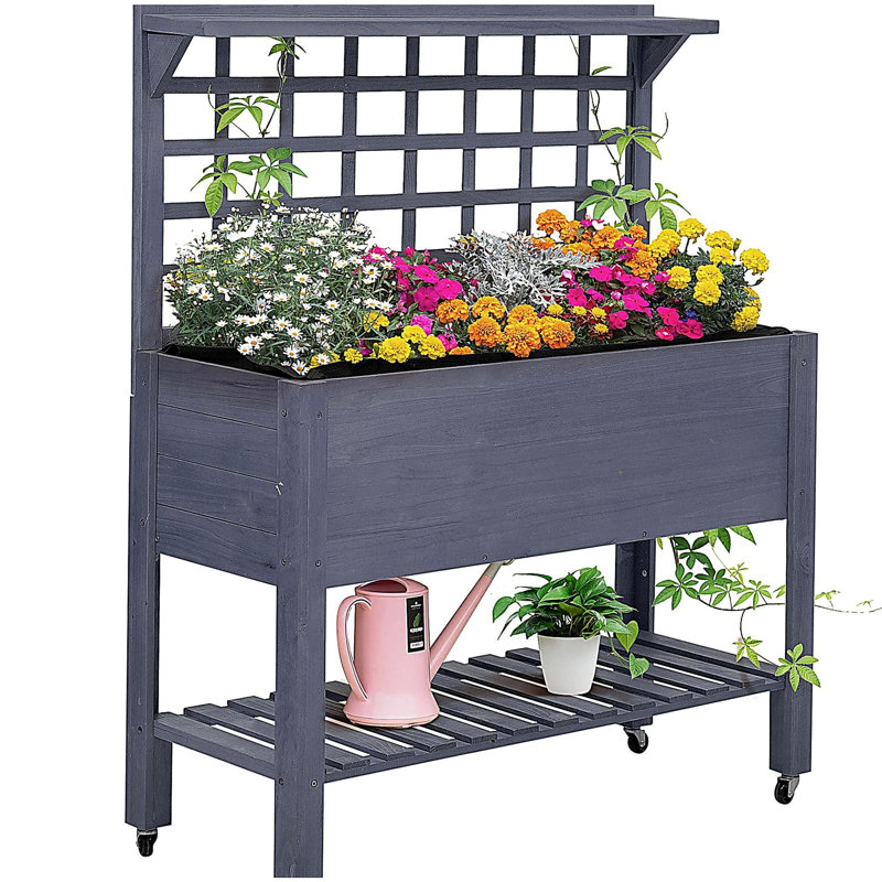 Outsunny 41" Raised Garden Bed with Trellis on Wheels, Wooden Elevated Planter Box with Legs and Bed Liner, for Flowers, Herbs & Vegetables, Gray