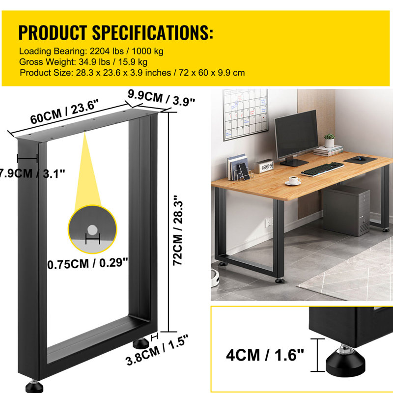 Ensemble de 2 pieds de table en acier de 28 po de hauteur et de 24 po de largeur, de section carrée robuste de 3,1 po de largeur, de 28 x 24 x 3,1 pouces de style industriel noir de style campagnard