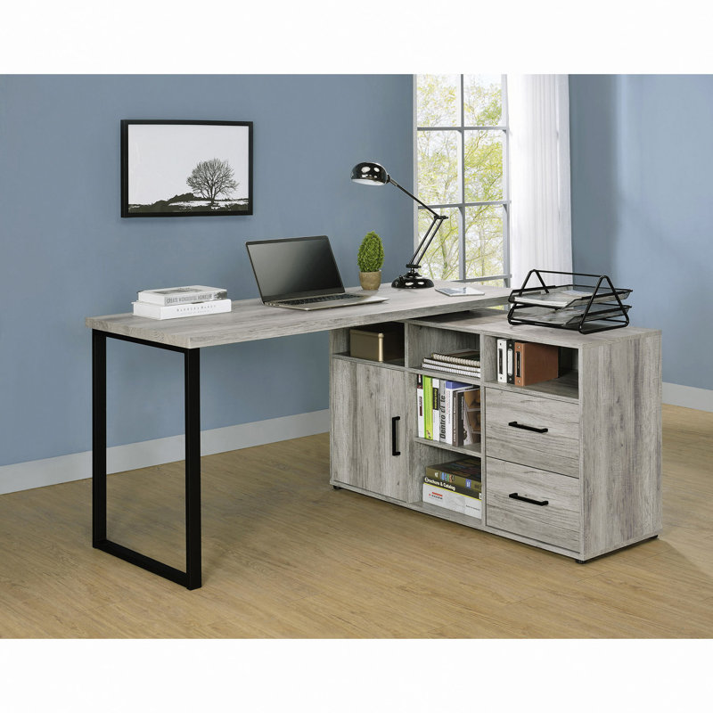 Bureau gris en L en bois flotté avec rangement