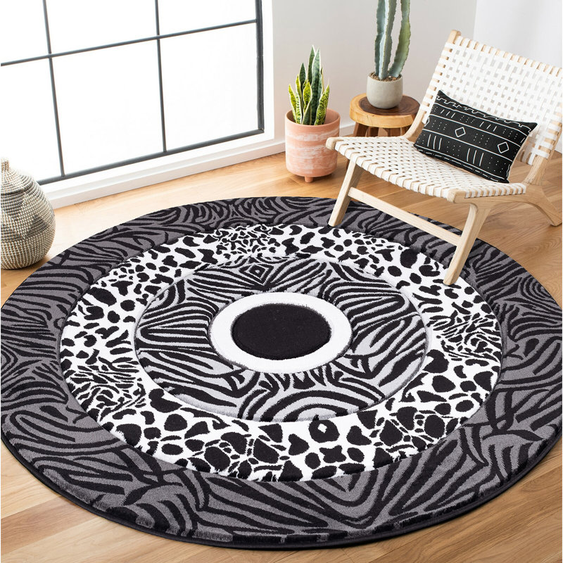Tapis noir / gris Gerania Southwestern, Rond 8 pi 1 po