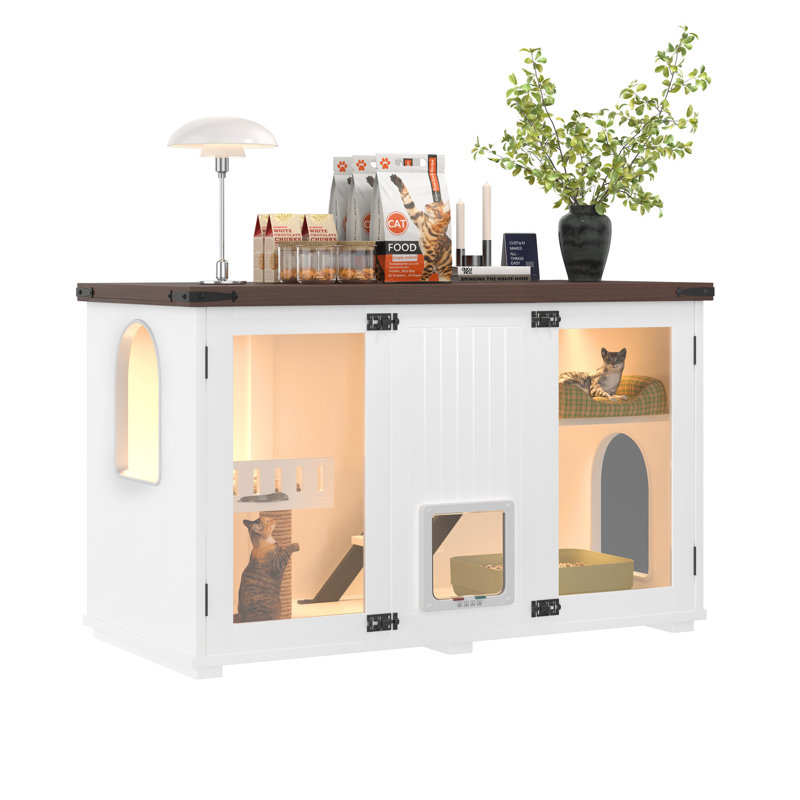 47.25" Large Cat Litter Box Enclosure With LED Light, Hidden Litter Box Furniture, Cat House With Stairs And Cat Scratching Post, Cat Cabinet Side Table With Smart Doors For Living Room
